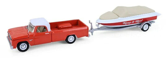 Dodgeダッジ D100 ピックアップ ボート トレーラー付き 1967 オレンジ ホワイト / GREENLIGHT 1/64 ミニカー