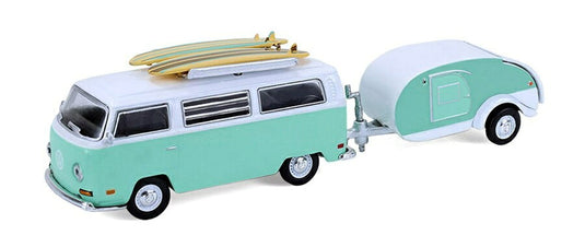 Volkswagenフォルクスワーゲン T1 タイプ2 ミニバス サーフボード ティアドロップトレーラー付き 1971 ライトグリーン ホワイト / GREENLIGHT 1/64 ミニカー