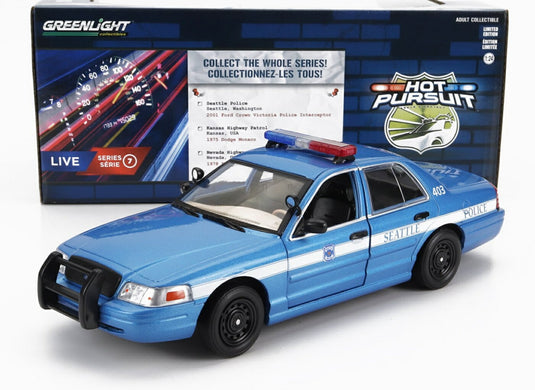 FORD USAフォードUSA CROWN VICTORIAクラウンビクトリア POLICE INTERCEPTOR SEATTLE 2001 ブルーホワイト / Greenlight 1/24 ミニカー