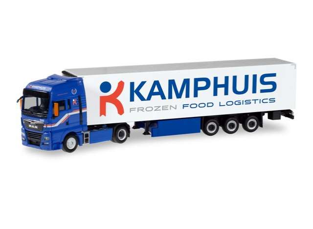 MAN TGX XXL 冷蔵ボックス セミトレーラー カンプハウス ブルーホワイト/Herpa 1/87ミニカー