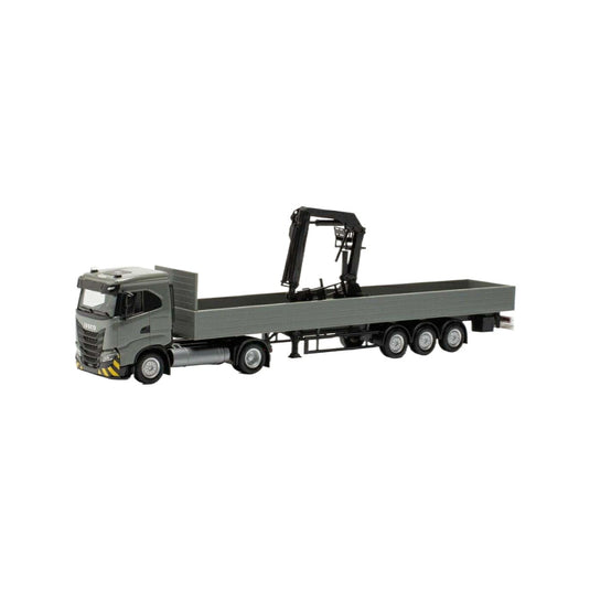 Herpa Iveco S-Way LNG ND フラットベッドセミトレーラー ローディングクレーン付き グレーイエロー 316415/ Herpa 1/87  模型