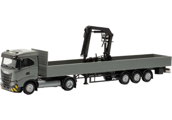 Iveco S-Way LNG ND 平床セミトレーラー ローディングクレーン グレーイエロー トレーラー / Herpa 1/87 建設機械模型 工事車両