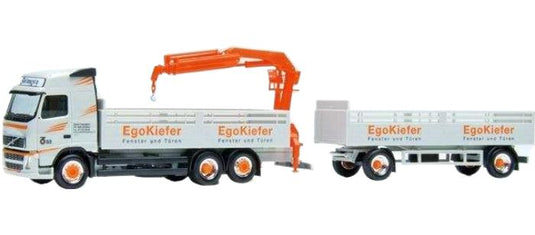 Zund Transport Ego Kiefer Volvo GL FH12 フェイスリフト 平床トレーラートラック ローディングクレーン付き トレーラー / Herpa 1/87 建設機械模型 工事車両