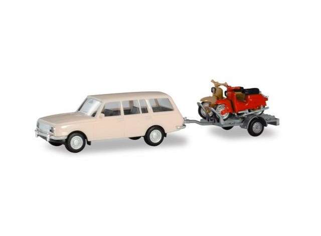 Wartburg 353 66 ツーリスト トレーラー付き & 2x Simson ベージュレッドカーキ/Herpa 1/87ミニカー