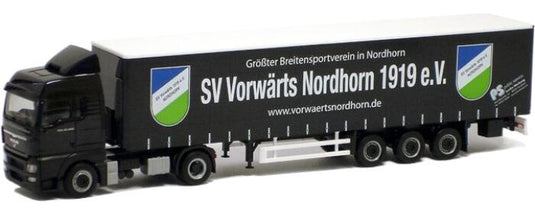 Thieme Spedition. SV Vorwaerts Nordhorn MAN TGX XLX Medi curtainside semitrailerカーテンサイドセミトレーラー トラック 模型 /Herpa 1/87