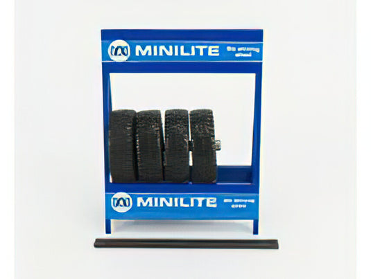 CAVALLETTO SUPPORTO 4X PNEUMATICI MINILITE - METAL RACK WITH 4X TYRES - BLUE BLACK /IXO 1/18ミニカー