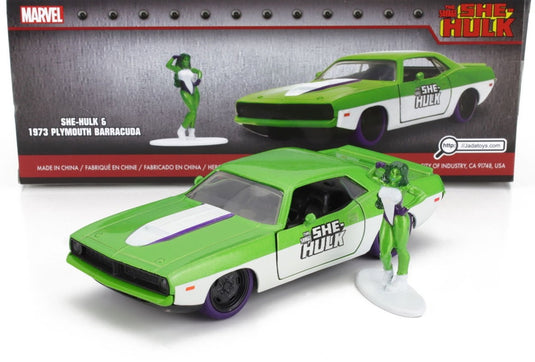 PLYMOUTHプリムス バラクーダ 1973 シーハルクフィギュア付き グリーンホワイト TV SERIES / JADA 1/32 ミニカー