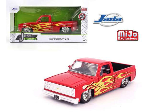 1985 シボレー C-10 ピックアップ レッド フレイム塗装 働く車 ミニカー / JADA 1/24 ミニカー