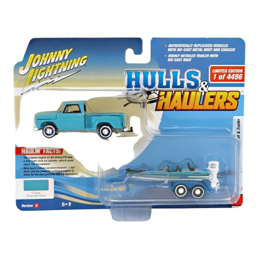 Chevroletシボレー 1965 Stepside ピックアップ トラック & ボートトレーラー ターコイズブルー / JOHNNY LIGHTNING 1/64 ミニカー トラック模型