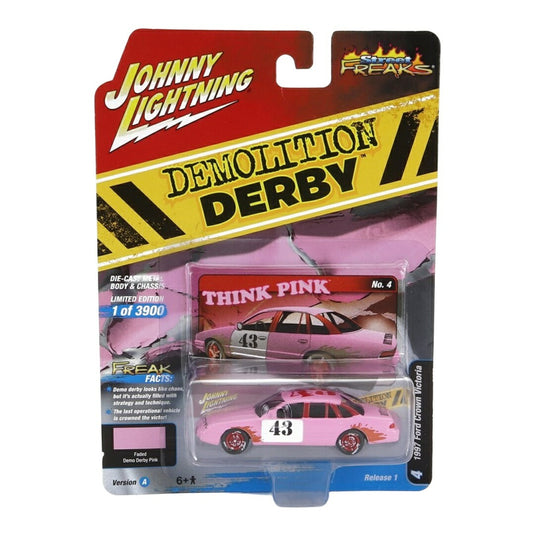 FORDフォード USA CROWNクラウン VICTORIAビクトリア No.43 DEMILITIONデモリション DERBYダービー 1997 PINKピン / JOHNNY LIGHTNING 1/64 ミニカー