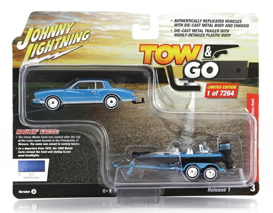 CHEVROLETシボレー モンテカルロ 1980 トレーラー モーターボート付き ブルーブラック / JOHNNY LIGHTNING 1/64 ミニカー