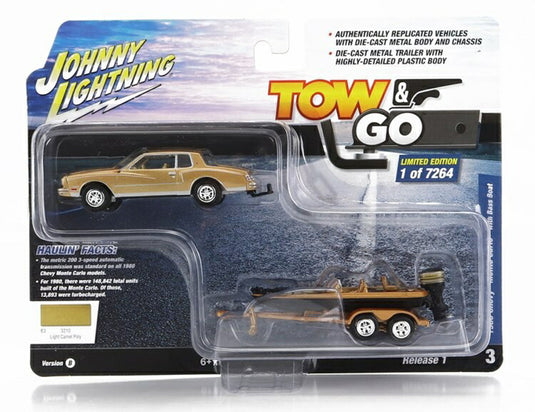 CHEVROLETシボレー モンテカルロ 1980 トレーラー モーターボート付き ゴールドブラック / JOHNNY LIGHTNING 1/64 ミニカー