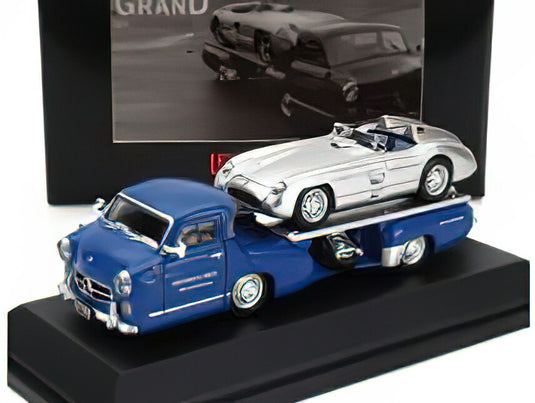 MERCEDES BENZ SET 2X TRUCK RACING CAR TRANSPORTER RENNTRANSPORTER WITH 300 SLR SPIDER 1955 BLUE SILVER/BREKINA 1/87ミニカー