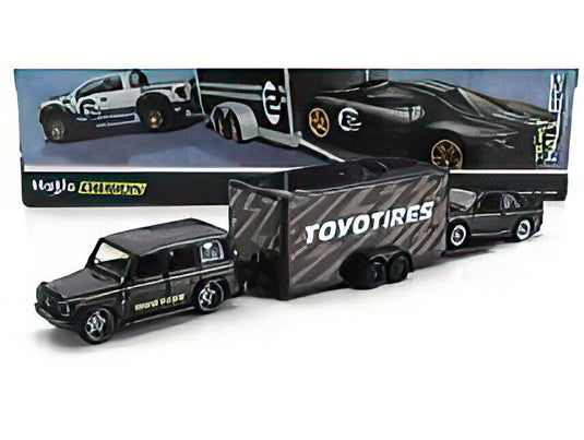 MERCEDES BENZ G CLASS WITH TRAILER CAR TRANSPORTER + BMW 3 SERIES (E30) 1988 TOYO TIRES BLACK GOLD/MAISTO 1/64ミニカー