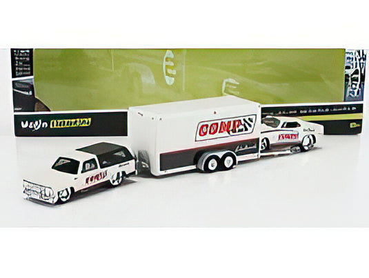 CHEVROLET BLAZER K5 1979 WITH TRAILER CAR TRANSPORTER + CAMARO Z/28 COUPE RACING COMP CAMS 1968 WHITE BLACK/MAISTO 1/64ミニカー