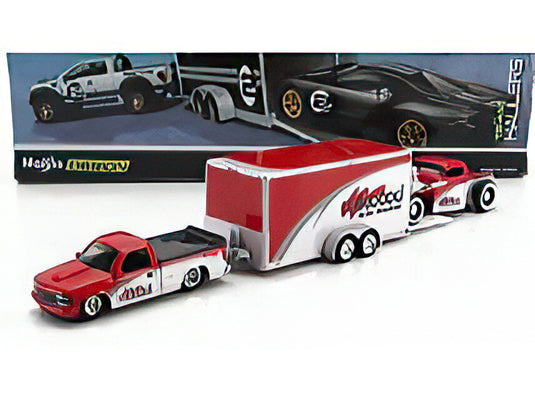 CHEVROLET 454 SS PICK UP WITH TRAILER CAR TRANSPORTER + PICK UP 1936 WHITE RED/MAISTO 1/64ミニカー