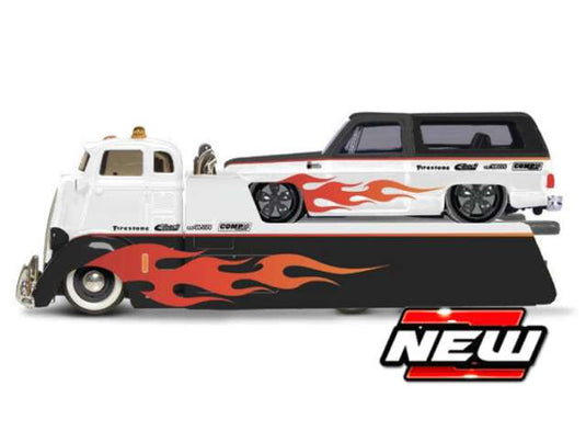 1979 シボレー K5 ブレイザー 積載車セット ホワイト/ブラック フラットベッド / MAISTO 1/64 ミニカー