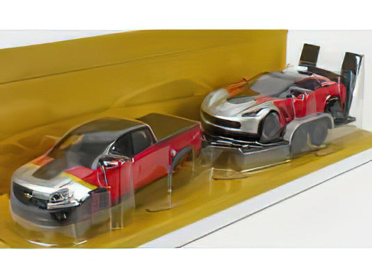 CHEVROLET COLORADO ZR2 PICK-UP 2017 + CORVETTE Z06 COUPE 2015 WITH TRAILER RED BLACK SILVER/MAISTO 1/24ミニカー