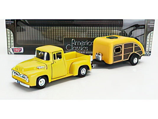 FORD USA F 100 PICK UP WITH TRAILER ROULOTTE 1955 YELLOW WOOD/Motor Max 1/24ミニカー
