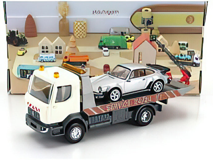 RENAULT CARRO ATTREZZI TRUCK CAR TRANSPORTER WITH PORSCHE 911 930 3.0 TURBO COUPE 1987 WHITE SILVER/Norev 1/43ミニカー