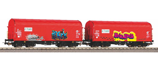 HOゲージ 鉄道模型 貨車 Piko ピコ NS Set of 2 sliding tarpaulin wagons Shimmns with graffiti Caib Epoch VI DC