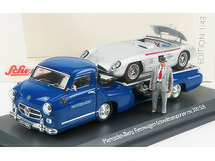 MERCEDES BENZ RACING CAR TRANSPORTER TRUCK RENNWAGEN 1955 WITH 300 SLR SPIDER BLUE SILVER/SCHUCO 1/43ミニカー