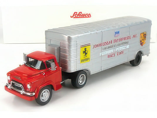 GMC TRUCK CAR TRANSPORTER TEAM JOHN EDGARD ENTERPRISES INC. LOS ANGELES CALIFORNIA FERRARI PORSCHE RACE CARS 1950 RED SILVER/SCHUCO 1/43ミニカー