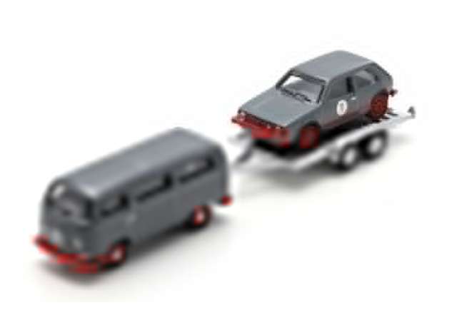 フォルクスワーゲン T2 バス トレーラー付き ＆ フォルクスワーゲン ゴルフ I GTI グレー/レッド/ Schuco  1/87 ミニカー