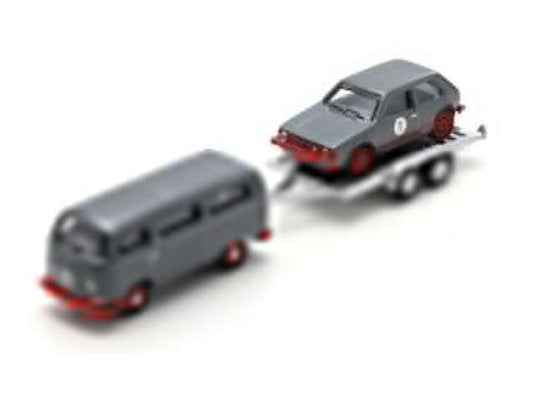 フォルクスワーゲン T2 バス トレーラー付き ＆ フォルクスワーゲン ゴルフ I GTI グレー/レッド/ Schuco  1/87 ミニカー
