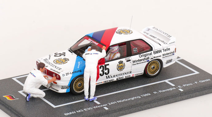 BMW M3 E30 ニュルブルクリンク24時間 優勝 1989 Ravaglia/Pirro/Giroix ドライバーフィギュア＆BMWメカニック2体付き/ Spark 1/43 ミニカー