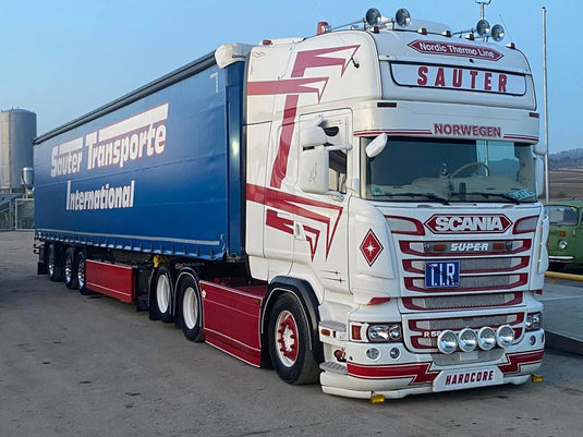 【予約】 Sauter Transporte スカニア R Streamline Topline 6x2 3軸 タウライナー ホワイト レッド ブルー / Tekno 1/50 ミニカー トラック模型