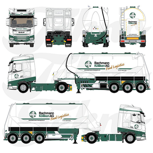 【予約】2026年発売予定 Bachmann DAF XF 4x2 3軸 Feldbinder サイロトレーラー ホワイト/グリーン / Tekno 1/50 ミニカー トラック模型