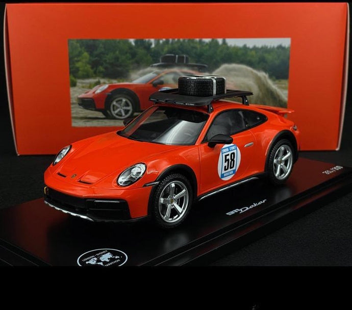 Porscheポルシェディーラーモデル 911 Dakar Type 992 2023 Cagefighter Tribute Marathon London Sydney 1968 Orange 1/18 Spark