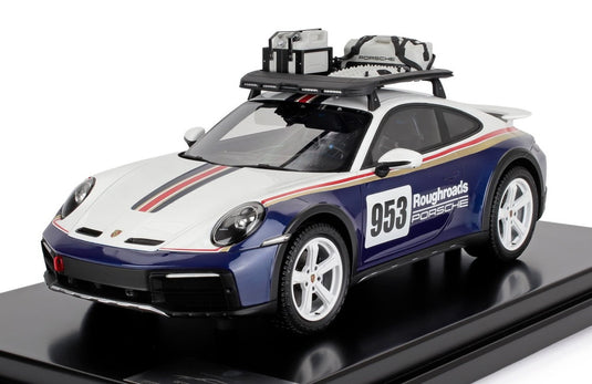 PORSCHE 911 992 N953 ダカールラリー ROUGHROADS ルーフアクセサリーパック付き 2023 ショーケース付き ホワイトブルー 300台限定/ Spark 1/12 ミニカー