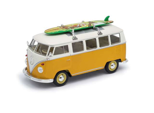 1963 フォルクスワーゲン クラシックバス イエロー/ホワイト サーフボード付 / WELLY 1/24 ミニカー