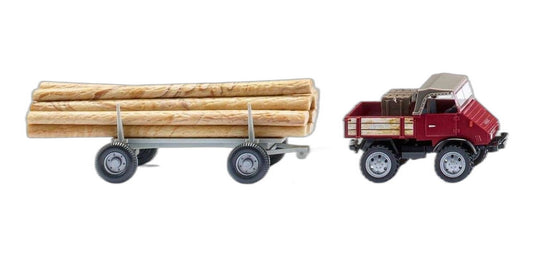 Unimog U 411 ロング 丸太トレーラー ブラウンレッド/ Wiking 1/87  模型 ミニカー