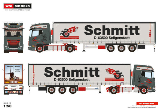 【予約】SCHMITT DAF XG+ 4X2 CURTAINSIDE TRAILER  3軸 トラック/WSI 1/50 建設機械模型 工事車両