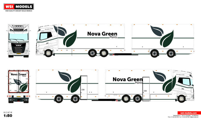 【予約】NOVA GREEN PLANTS BV DAF XG+ RIGED REEFER TRUCK 6X2 TAG AXLE RIGED REEFER DRAWBAR CENTRE-AXLED TRAILER - 2 AXLE トレーラー/WSI 1/50 建設機械模型 工事車両