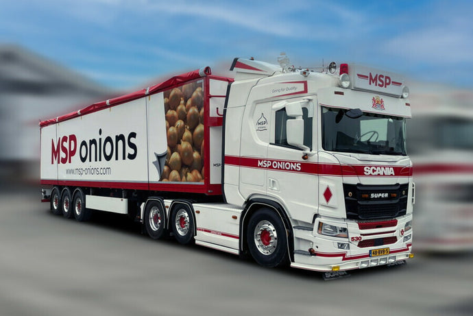 【予約】2025年発売予定 MSP ONIONS SCANIA R ノーマル CR20N 6×2 ツインステア ベルトトレーラー - 3軸 / WSI 1/50 建設機械模型 工事車両