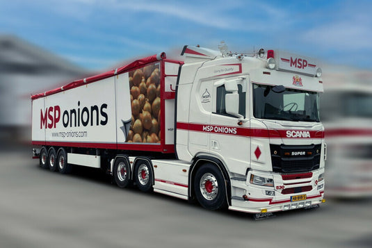 【予約】2025年発売予定 MSP ONIONS SCANIA R ノーマル CR20N 6×2 ツインステア ベルトトレーラー - 3軸 / WSI 1/50 建設機械模型 工事車両