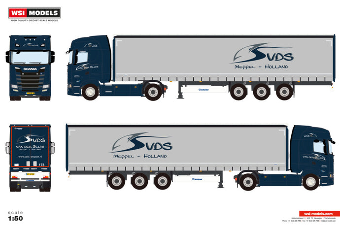 【予約】2025年10-12月以降発売予定 SCANIA S ハイライン CS20H 4X2 カーテンサイドトレーラー - 3軸 VAN DER SLUIS TRANSPORT仕様 トラック / WSI 1/50 建設機械模型 工事車両