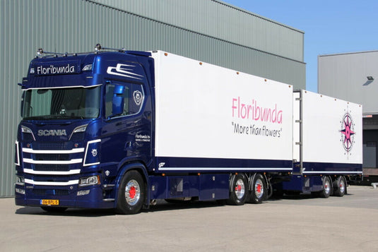 【予約】2025年発売予定 FLORIBUNDA SCANIA S ハイライン CS20H 6×2 タグアクスル 冷蔵トラック & ドローバー 連結センターアクスルトレーラー - 5軸 / WSI 1/50 建設機械模型 工事車両