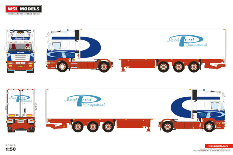 ギャラリービューアに画像をロードする, 【予約】2026年発売予定 Scaniaスカニア 4 SERIES TOPLINE 4X2 リーファートレーラー 3軸 Marcel Post / WSI 1/50 建設機械 模型
