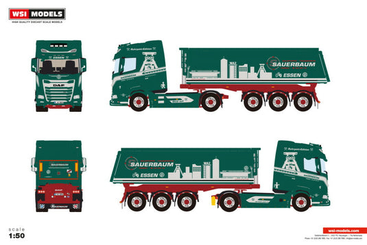 【予約】2026年発売予定 DAF XG 4X2 NON STEERING ダンプトレーラー 3軸 RUHRPOTT EDITION Sauerbaum / WSI 1/50 建設機械 模型