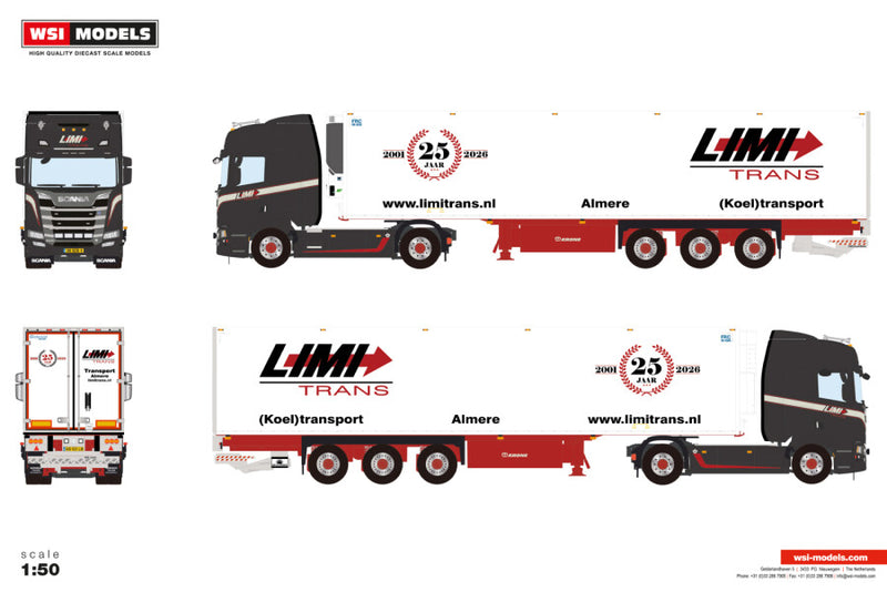 ギャラリービューアに画像をロードする, 【予約】2026年発売予定 Scaniaスカニア R HIGHLINE CR20H 4X2 リーファートレーラー 3軸 Limi Trans / WSI 1/50 建設機械 模型

