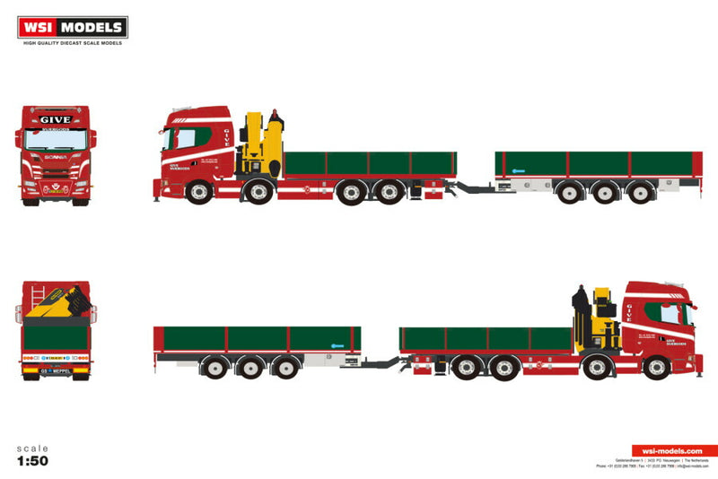 ギャラリービューアに画像をロードする, 【予約】2026年発売予定 Scaniaスカニア S HIGHLINE CS20H FLATBED TRUCK 8X2 DRAWBAR TRAILER PALFINGER PK 480 TEC Give / WSI 1/50 建設機械 模型
