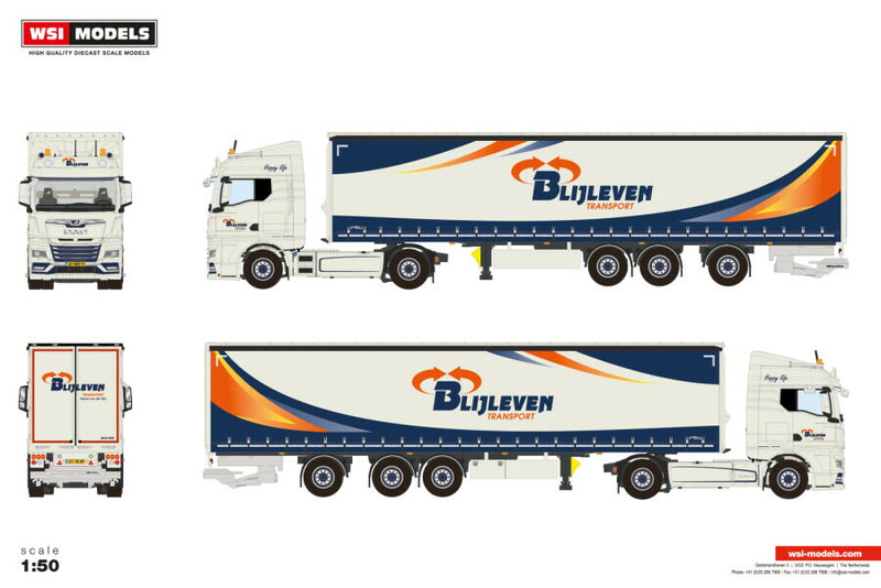 ギャラリービューアに画像をロードする, 【予約】2026年発売予定 MAN TGX GM 4X2 TRIDEC CURTAINSIDE TRAILER - 3 AXLE Blijleven Transport / WSI 1/50 建設機械 模型
