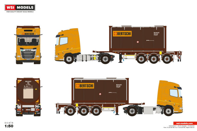 【予約】2026年発売予定 BERTSCHI DAF XF SH スカイライトなし 4X2 30FTコンテナトレーラー 3軸 + 20FTタンクコンテナ トレーラー / WSI 1/50 建設機械模型 工事車両
