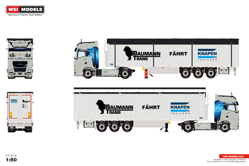 ギャラリービューアに画像をロードする, 【予約】2026年発売予定 MAN TGX GX 4X2 MOVING FLOOR TRAILER 3 AXLE Baumann Trans / WSI 1/50 建設機械 模型
