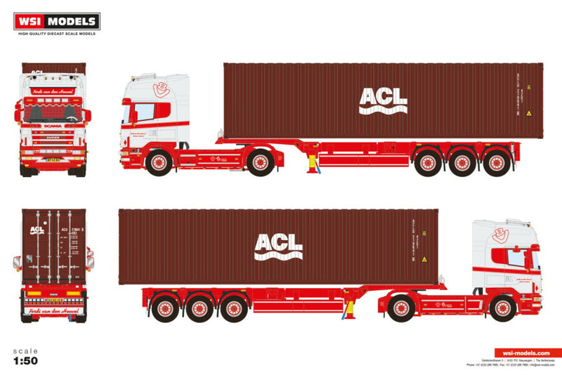 ギャラリービューアに画像をロードする, 【予約】2026年発売予定 Scania 4 SERIES TOPLINE 4X2 フレックスコンテナトレーラー 3 AXLE 40FT コンテナ Ferdi van den Heuvel / WSI 1/50 建設機械 模型
